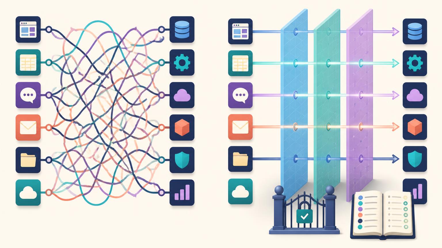 Side-by-side illustration: on the left a tangle of bespoke integration wires between applications and services; on the right the same systems connected through three tidy standard layers — host, client and server — with an approval gate and an audit ledger.